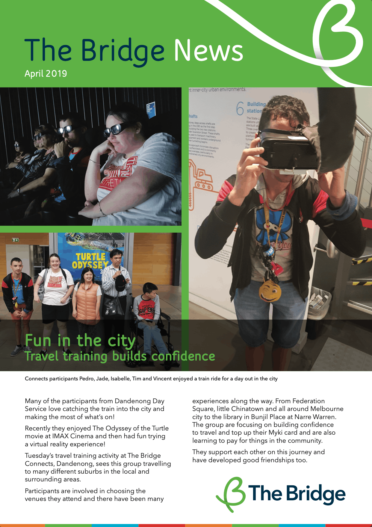 Newsletter cover: people wearing 3D glasses, group by Turtle Odyssey poster, person trying VR headset