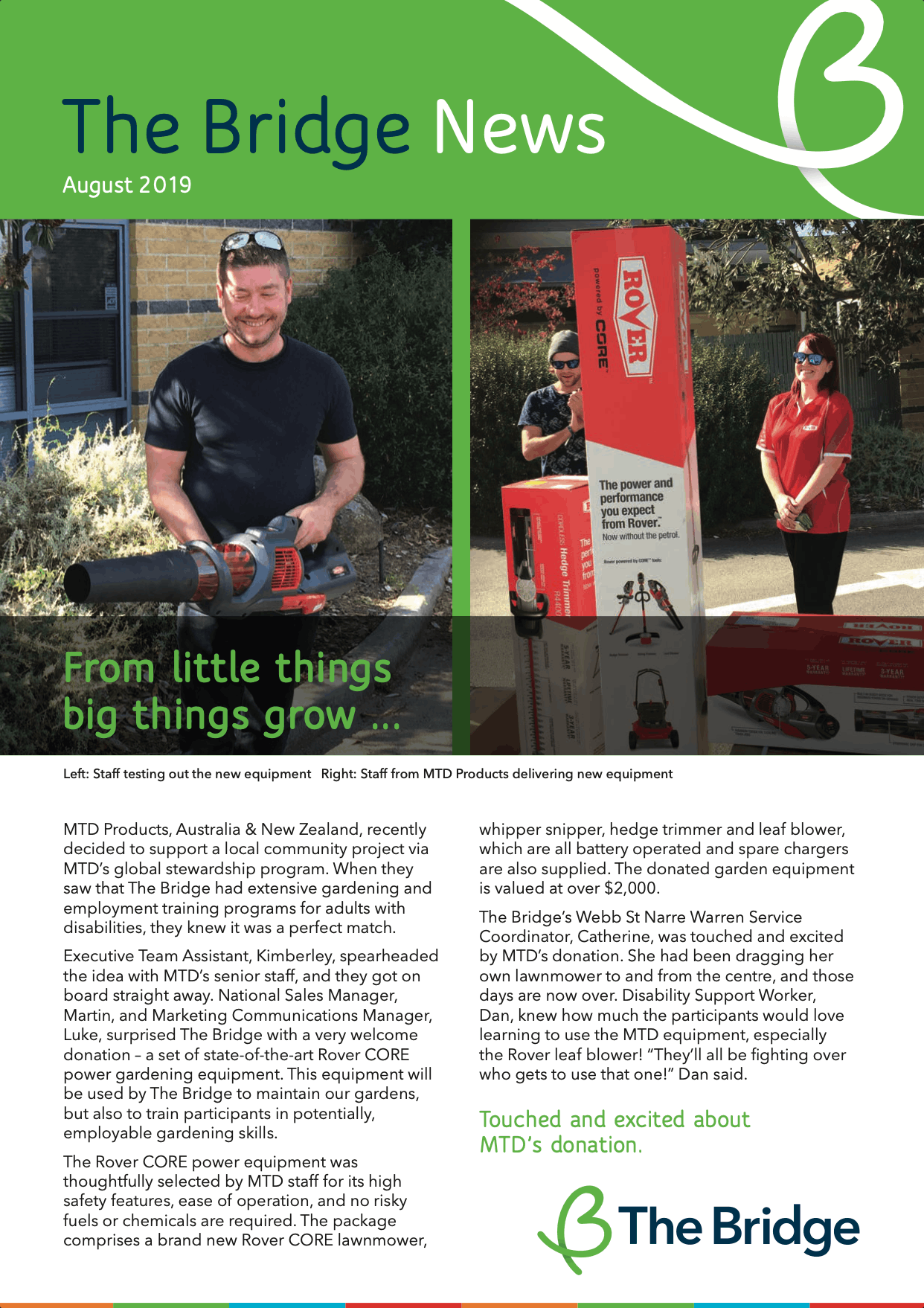 Newsletter cover: man testing a leaf blower; two staff beside boxes of donated Rover garden equipment.