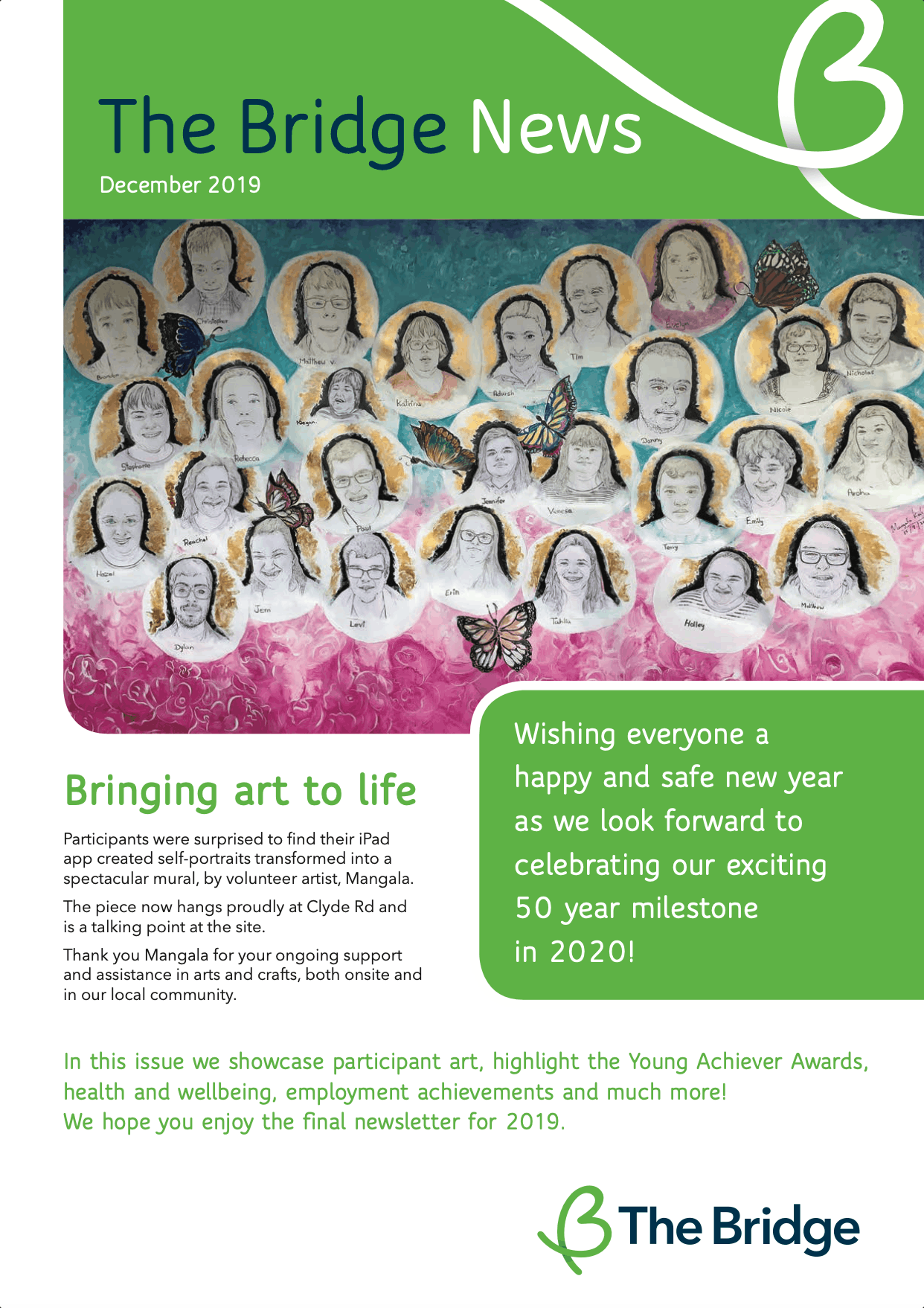 The Bridge News December 2019 cover, with a mural of many painted portrait faces and butterflies on a teal and pink background.