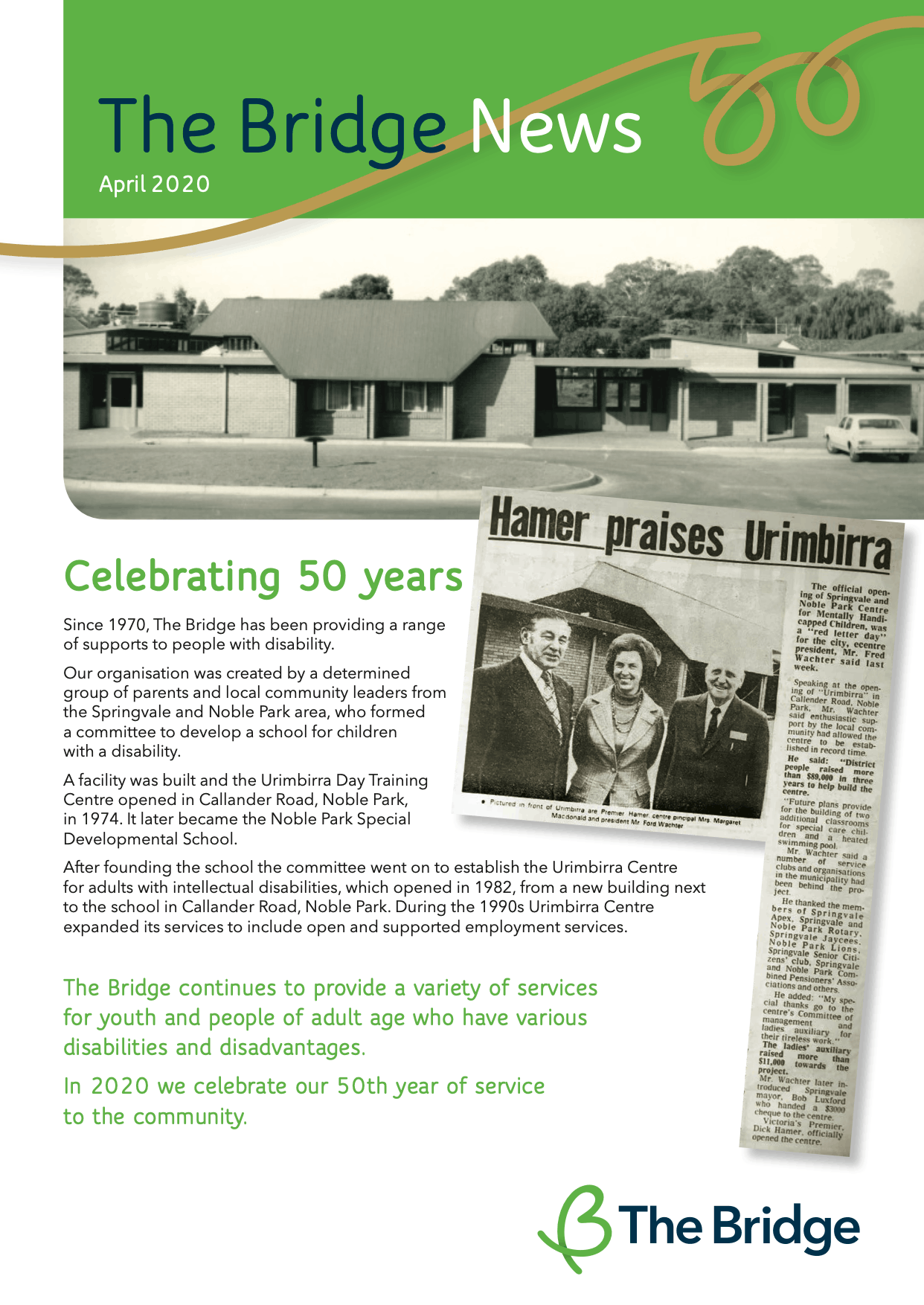 The Bridge News April 2020 cover, historic building photo, newspaper clipping 'Hamer praises Urimbirra', 50th anniversary text