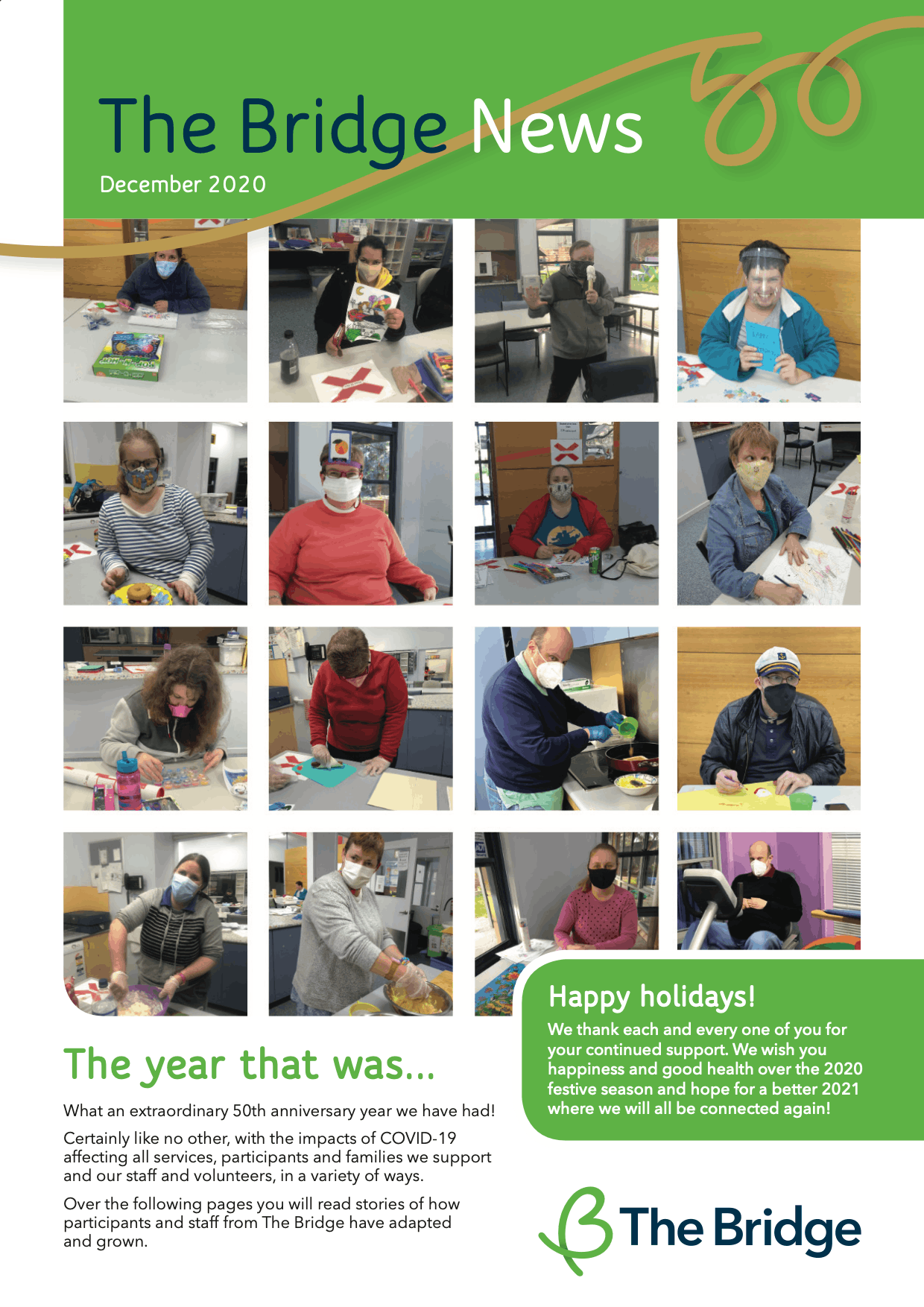 The Bridge News December 2020 cover: grid of photos showing people in face masks doing craft and cooking activities.