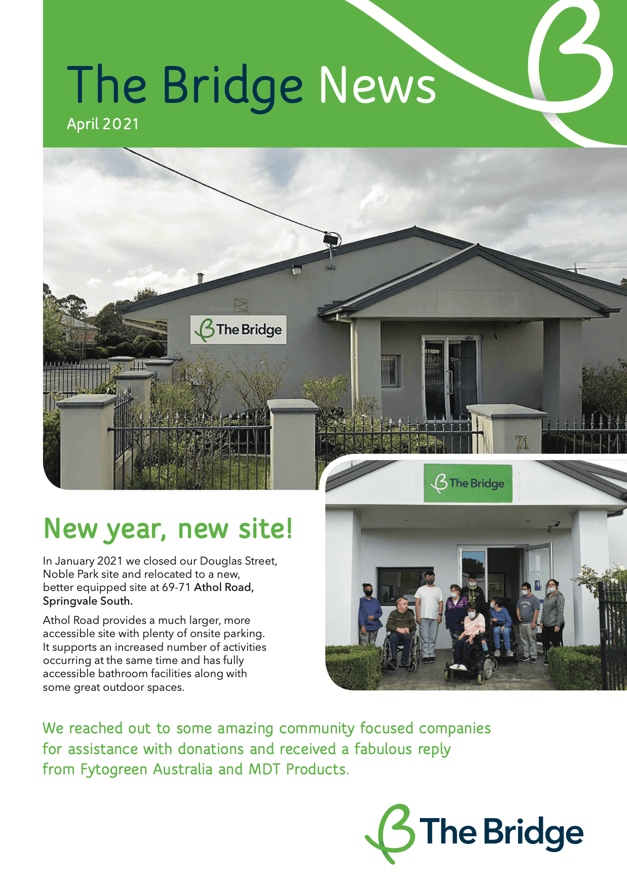 The Bridge News newsletter cover, April 2021, showing the new Athol Road site building and a group photo at its entrance.