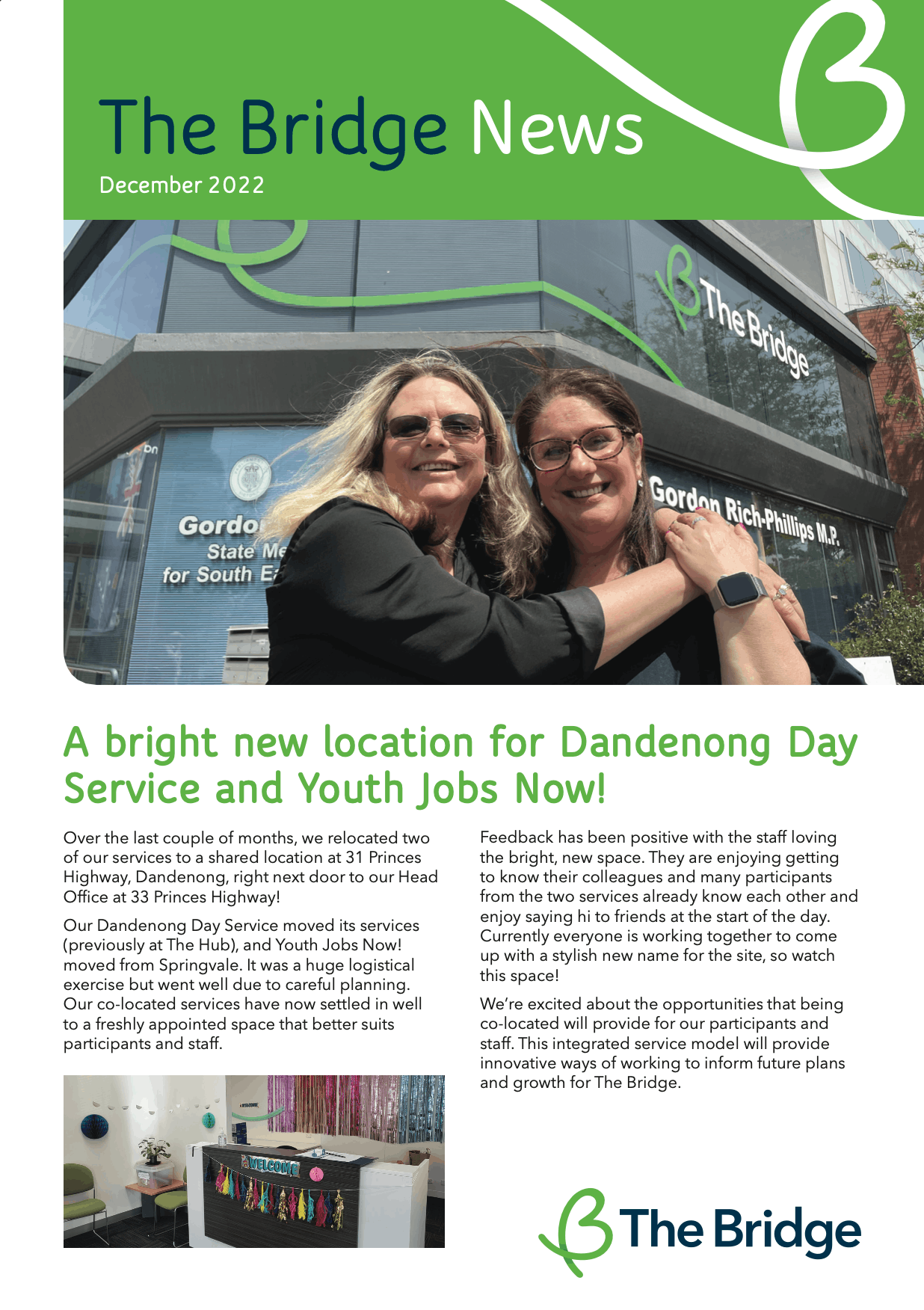 The Bridge News December 2022 cover; two women embrace outside a building with The Bridge signage.