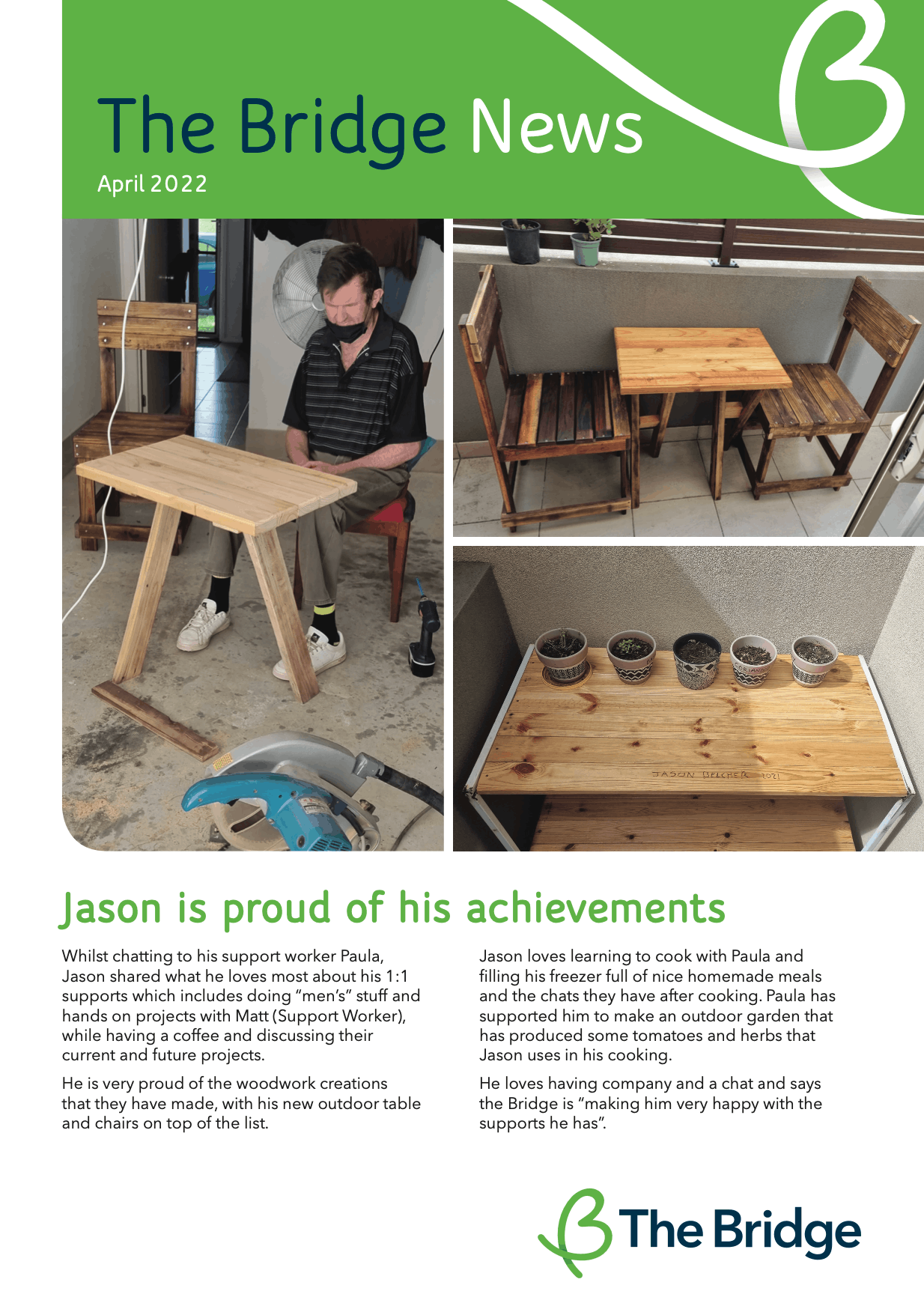 Newsletter cover, The Bridge News April 2022, with photos of a man building a wooden table and chair set, and a finished balcony setting with potted plants.