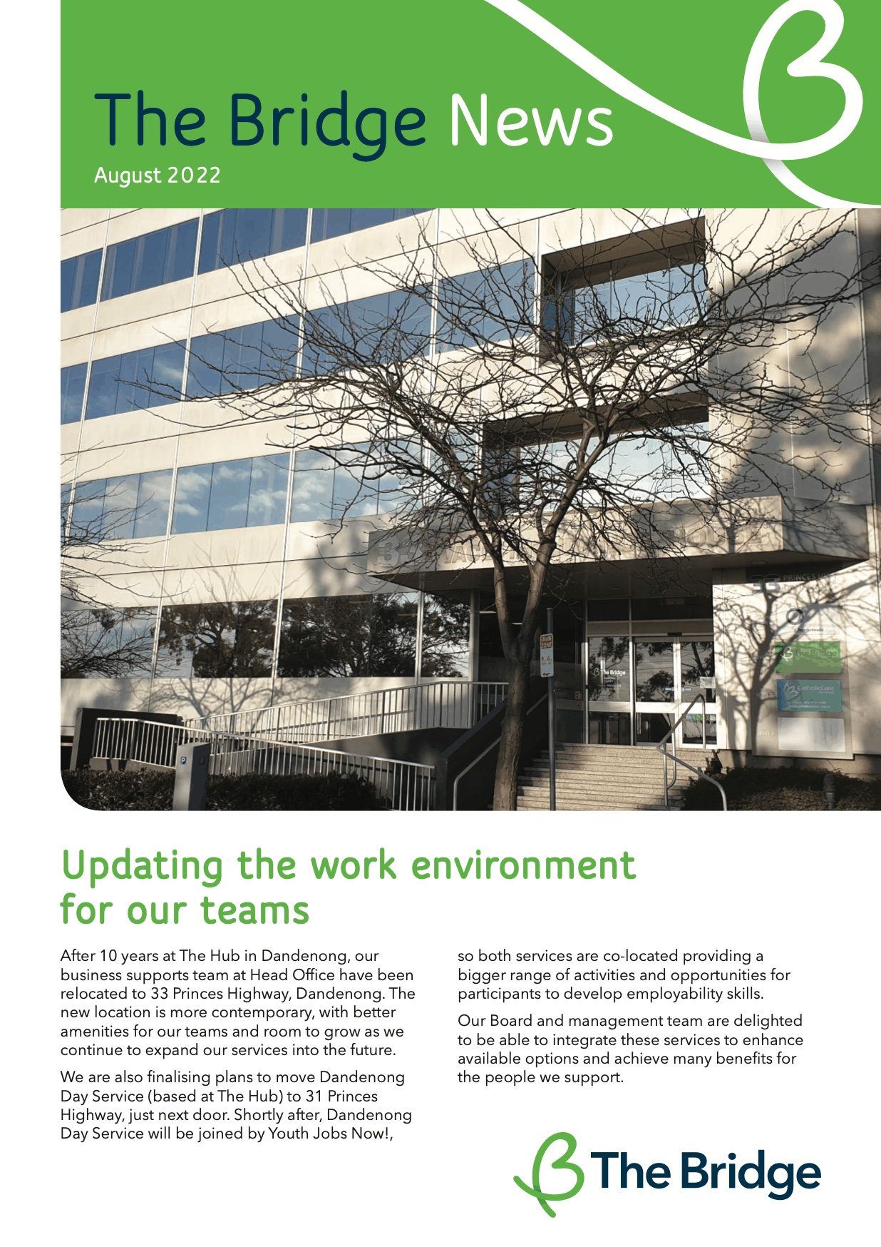 The Bridge News, August 2022 newsletter cover showing a multi-storey office building entrance with a bare tree out front.