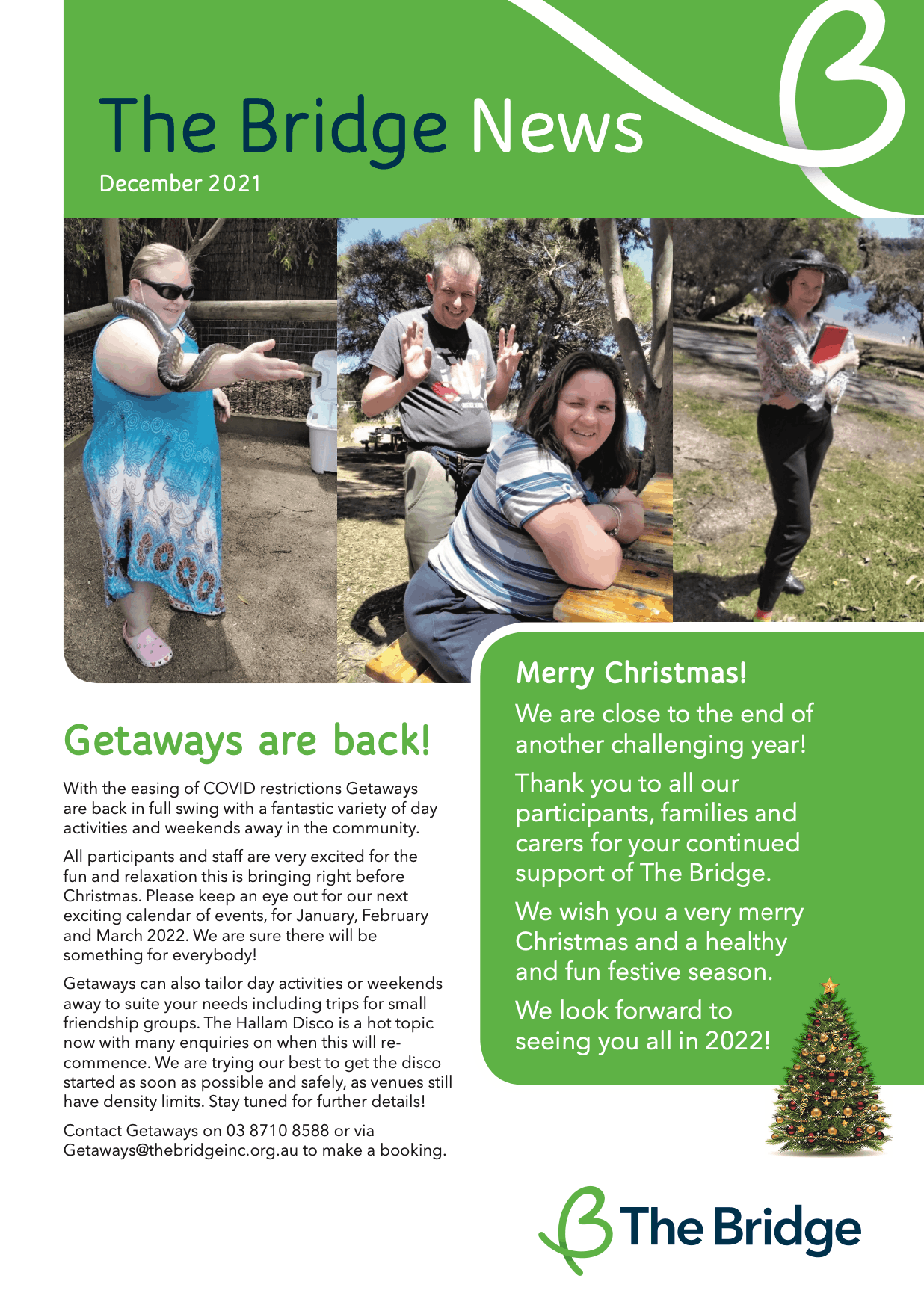 The Bridge News December 2021 cover with three photos of people outdoors, one holding a snake, and Christmas message
