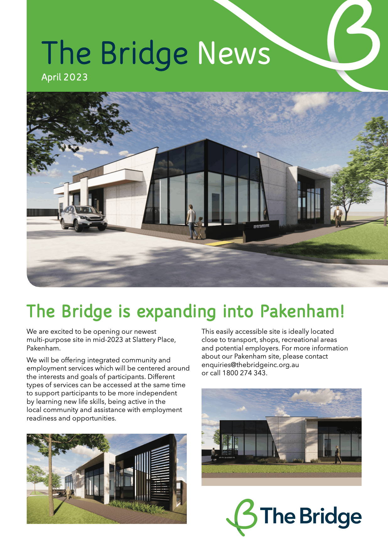 Newsletter cover with building renderings for The Bridge's new Pakenham site, and The Bridge logo.