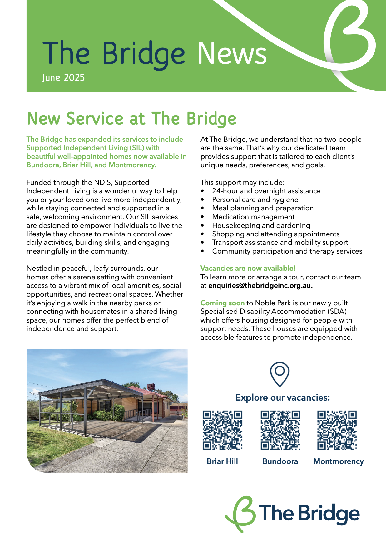 The Bridge News June 2025 newsletter page describing new SIL homes, with house photo, three QR codes, and logo.
