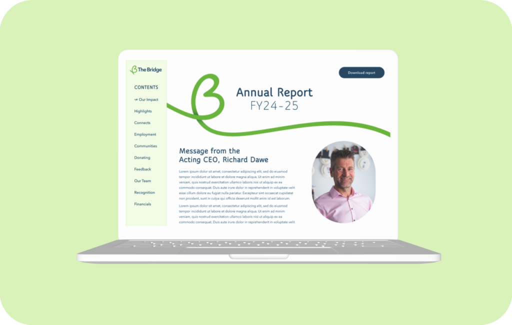 Laptop screen showing The Bridge Annual Report FY24-25 webpage with a message from Acting CEO Richard Dawe.