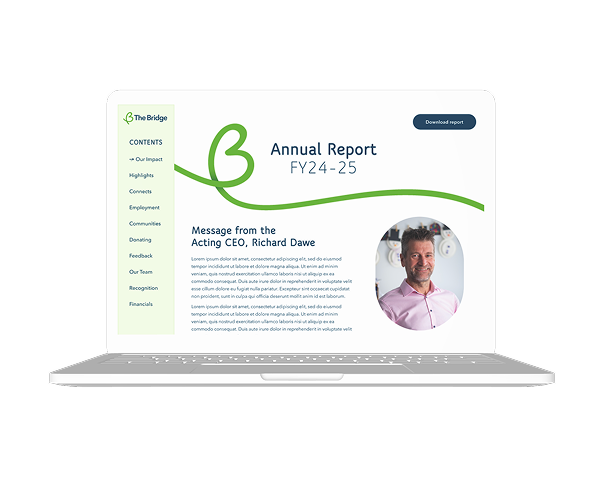 Laptop screen showing The Bridge Annual Report FY24-25 webpage with CEO message and photo of Richard Dawe.