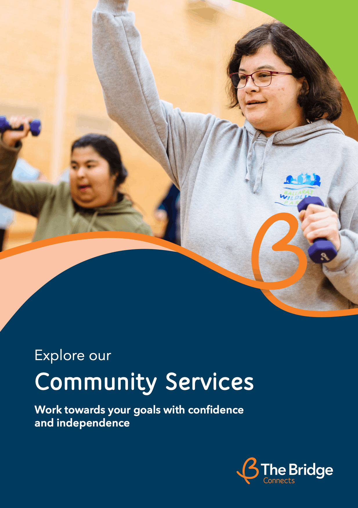 Two women lifting hand weights during a group exercise class. Text: Explore our Community Services, The Bridge Connects