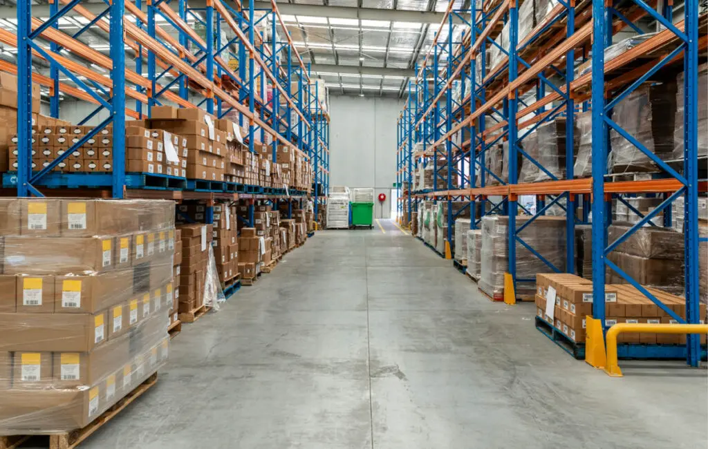 Warehouse aisle with tall shelving stacked with boxed pallets on both sides