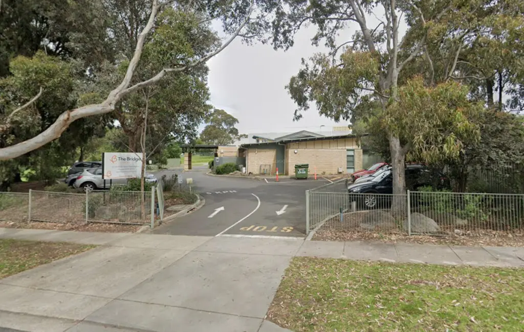 Driveway with STOP markings leading to The Bridge building, cars parked, surrounded by trees