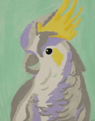 Painting of a cockatoo with a yellow crest, grey and white feathers, on a green background