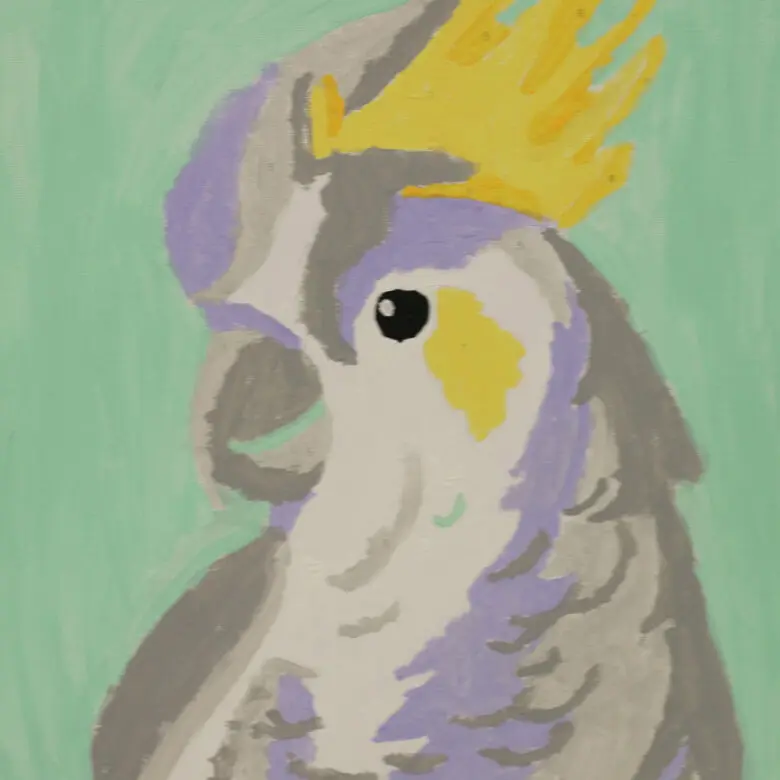 Painting of a cockatoo with a yellow crest, grey and white feathers, on a green background