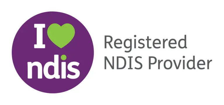 Purple circle logo with 'I heart NDIS' text, next to words 'Registered NDIS Provider'