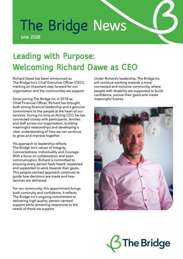 The Bridge News June 2026 newsletter cover, with photo of Richard Dawe, newly announced CEO, smiling in a pink shirt.