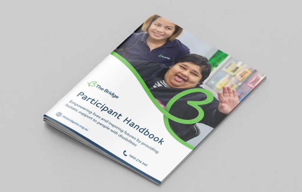 Cover of The Bridge Participant Handbook featuring two people in a support setting, with The Bridge logo, contact details and participant information.