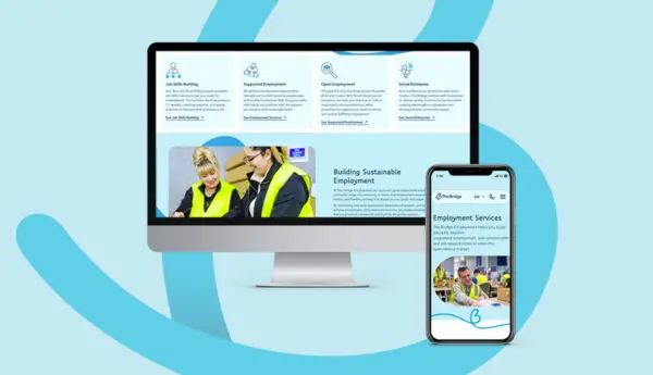 Desktop and phone showing The Bridge Employment website with employment services and two workers in hi-vis vests