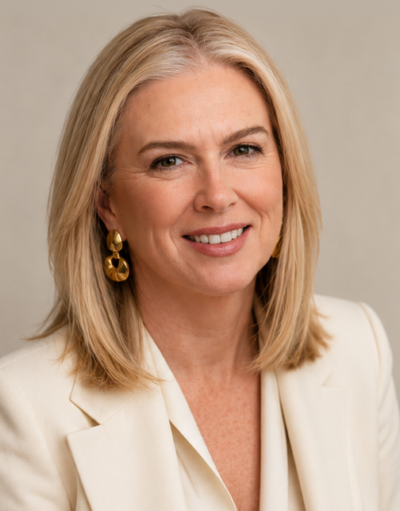 Woman with shoulder-length blonde hair smiling, wearing gold earrings and a cream blazer.