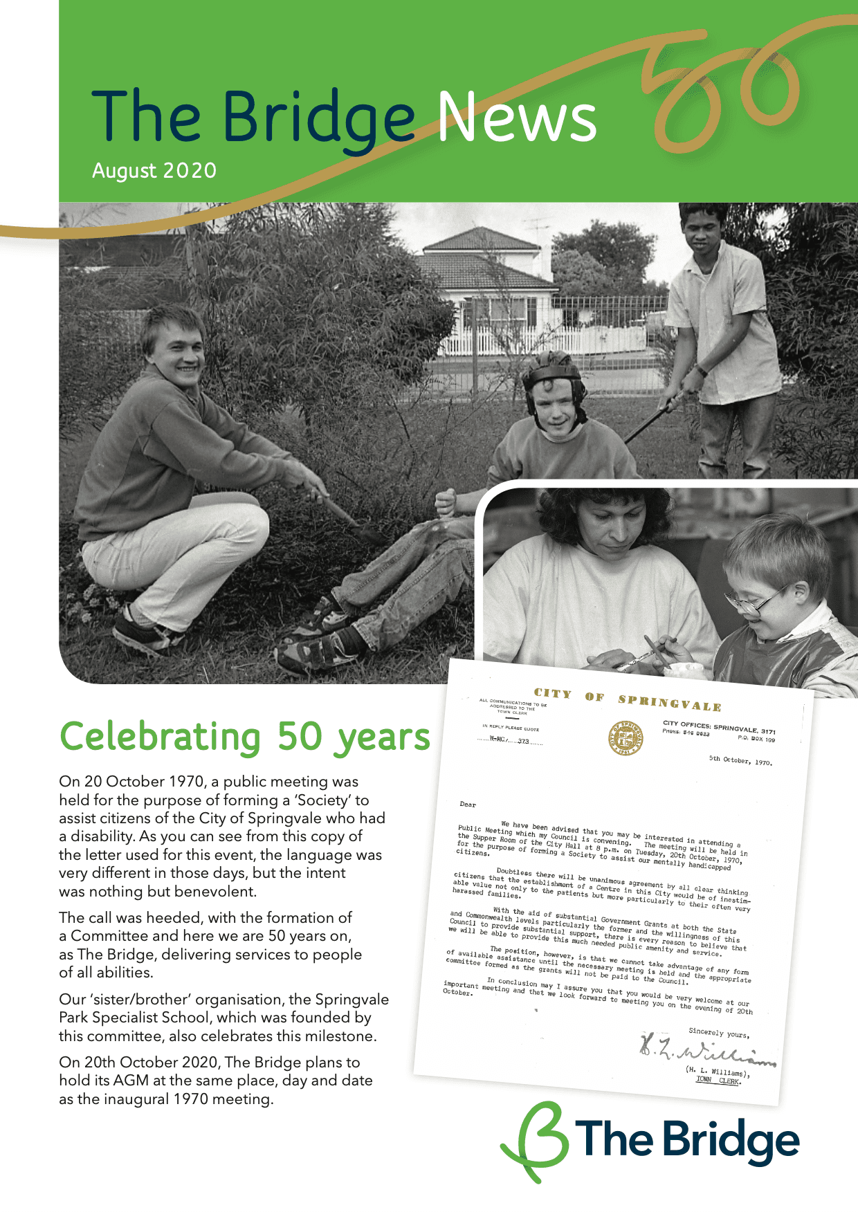The Bridge News August 2020 cover, with archival photos and a 1970 City of Springvale letter, marking 50 years